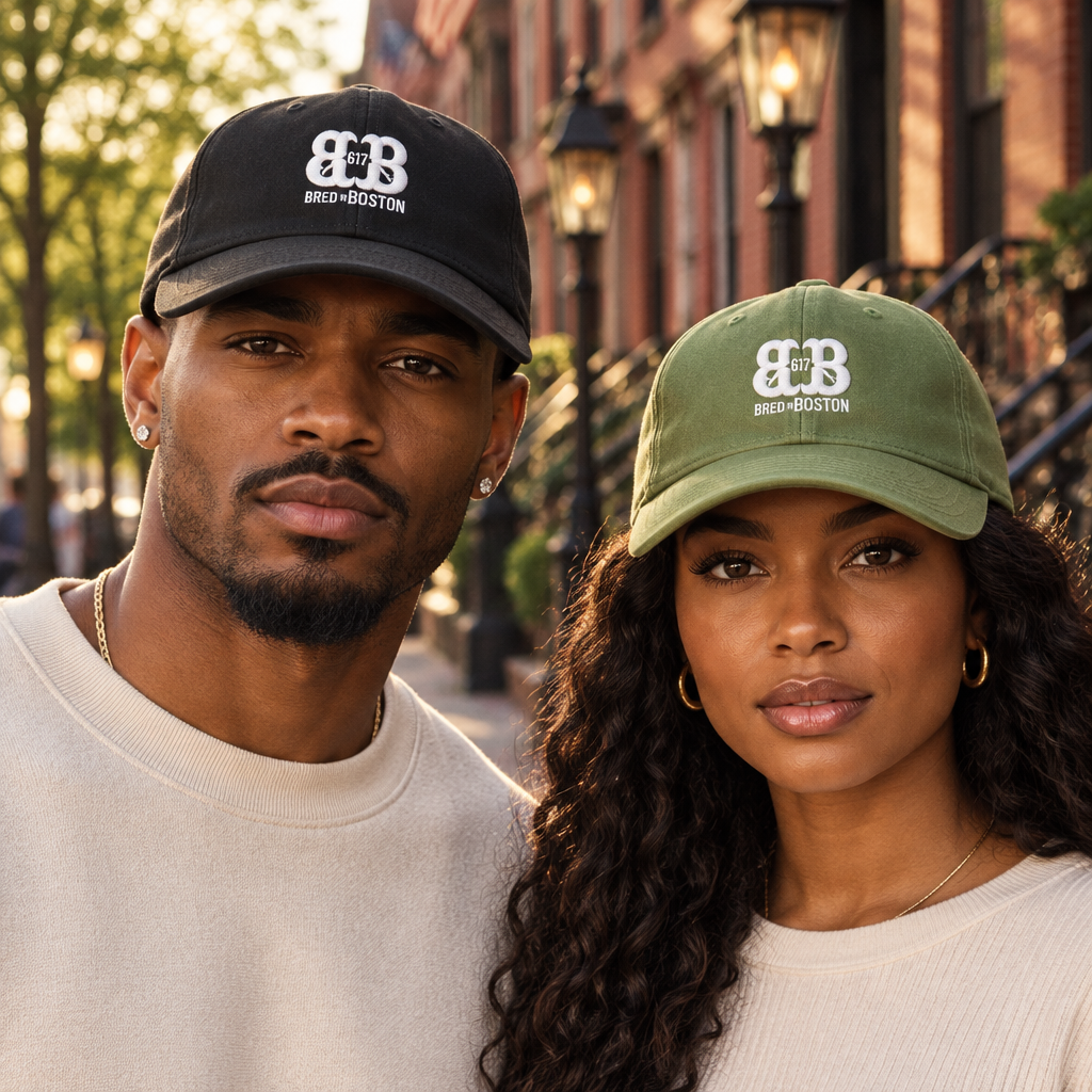 Boston streetwear editorial featuring Bred in Boston hats