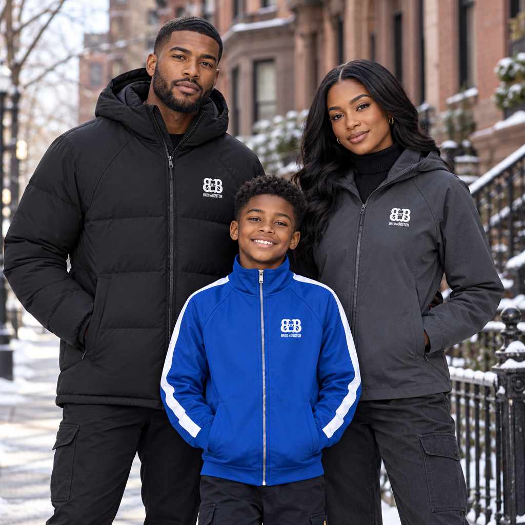 Bred in Boston coats and jackets editorial on a snowy Back Bay street