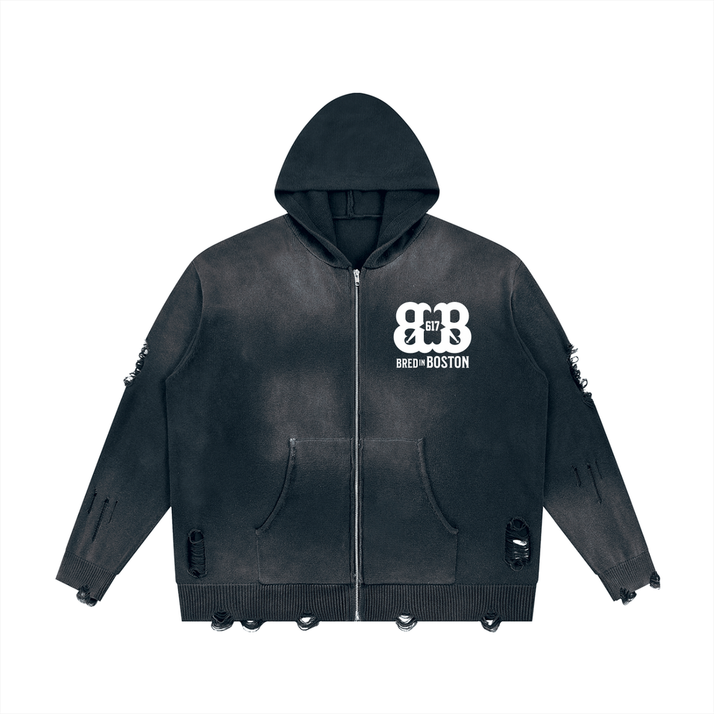 Unisex Distressed Full Zip Sweater