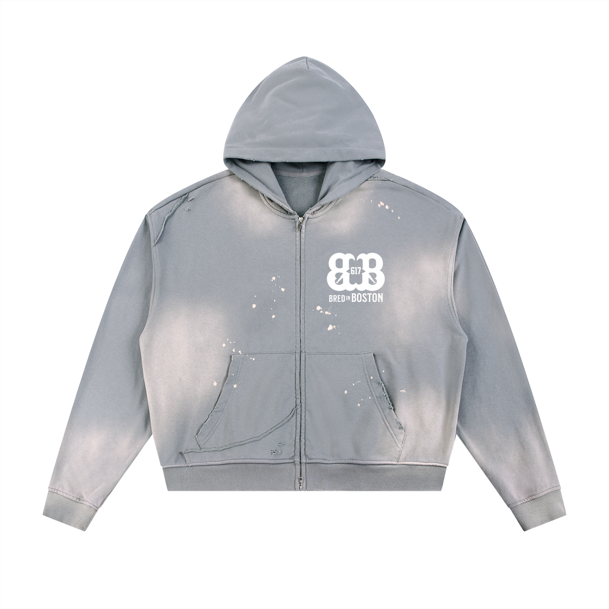 Sun Fade Frayed Raw Edge Fleece Zip Hoodie