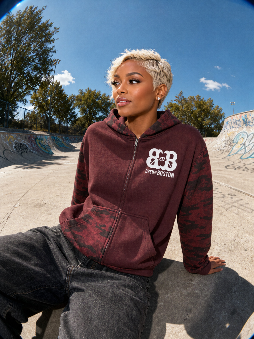 Unisex Colorblock Camo Full Zip Boxy Hoodie