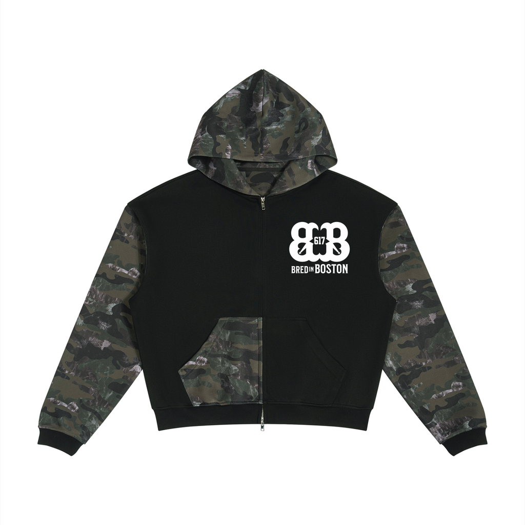 Unisex Colorblock Camo Full Zip Boxy Hoodie