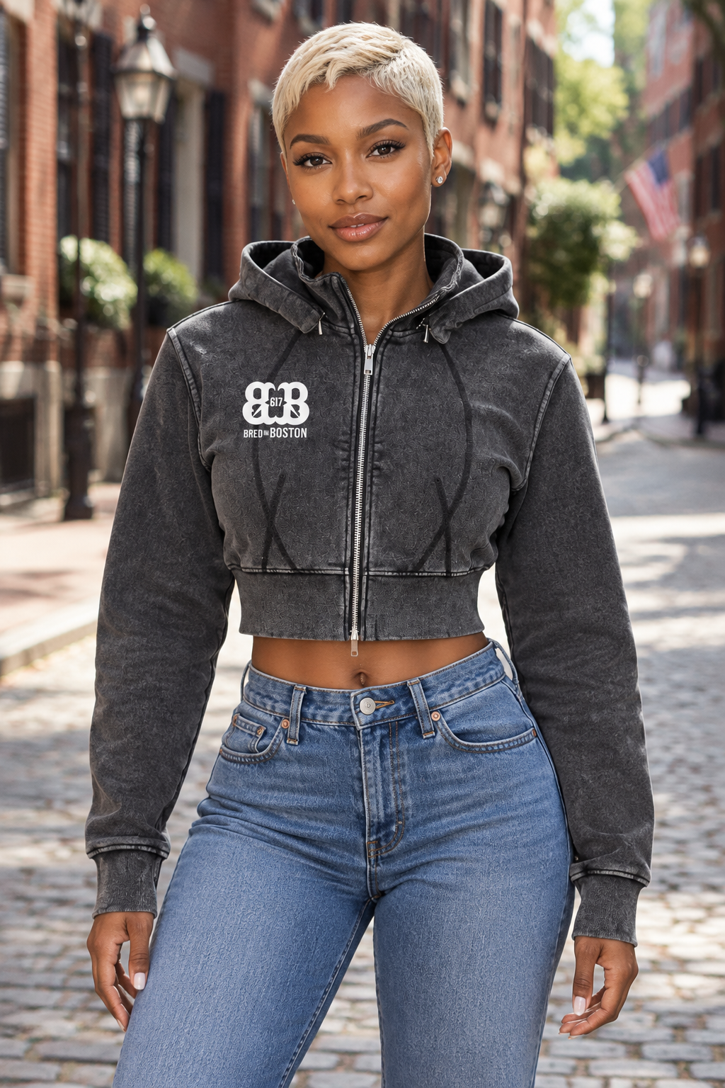 Fit African American female wearing a vintage washed cropped fleece hoodie