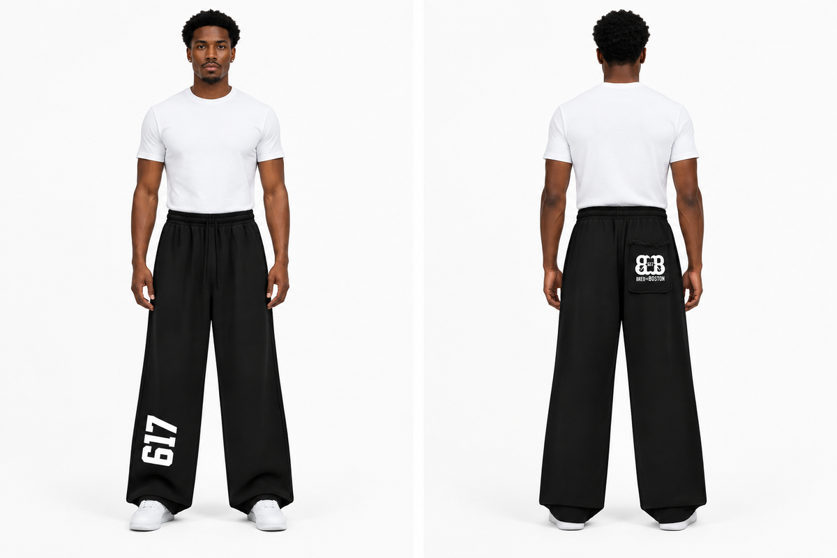 Front and back views of a fit Black male model wearing the Bred in Boston sweatpants