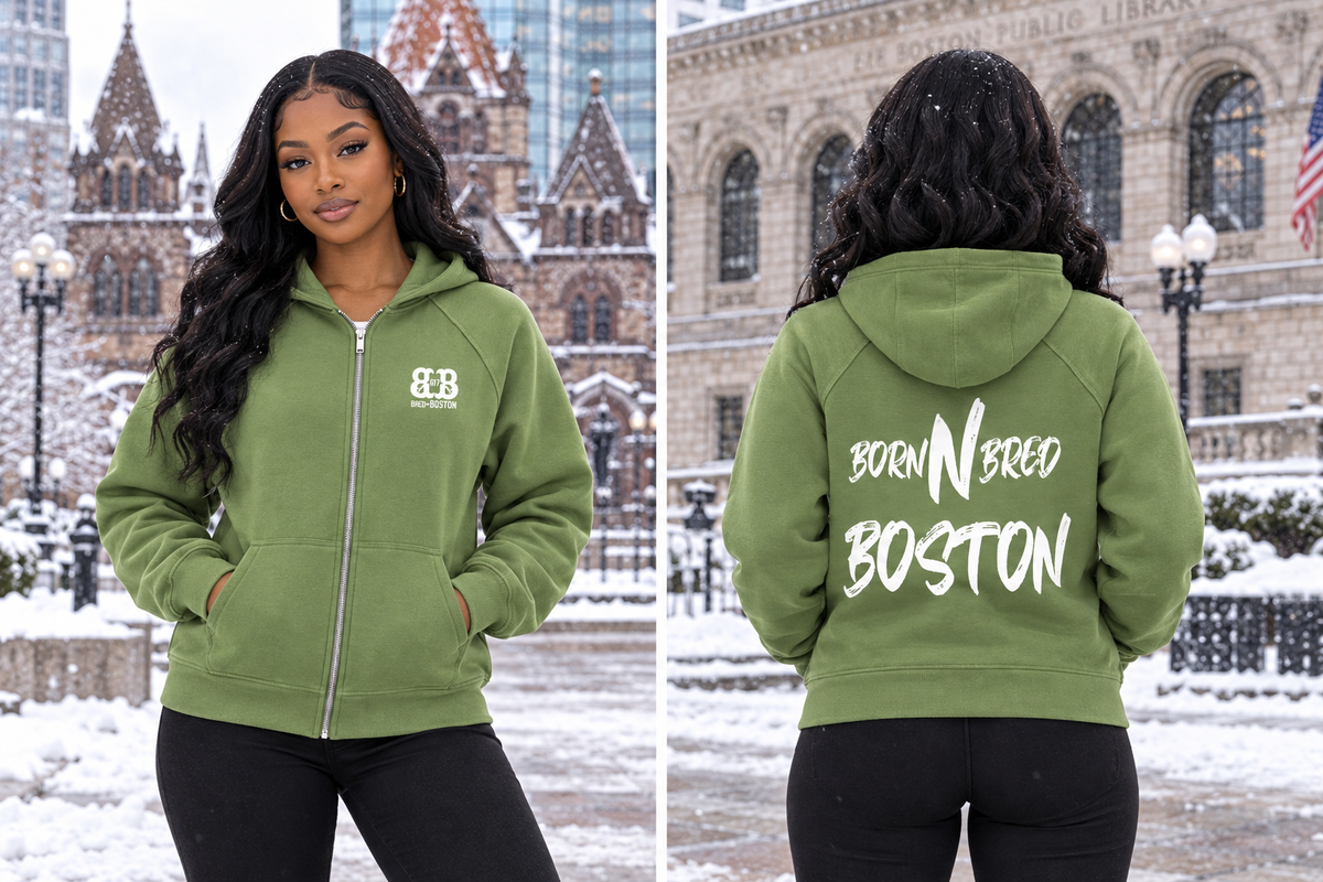 Front and back views of the olive Bred in Boston hoodie on a fit Black woman in snowy Copley Square