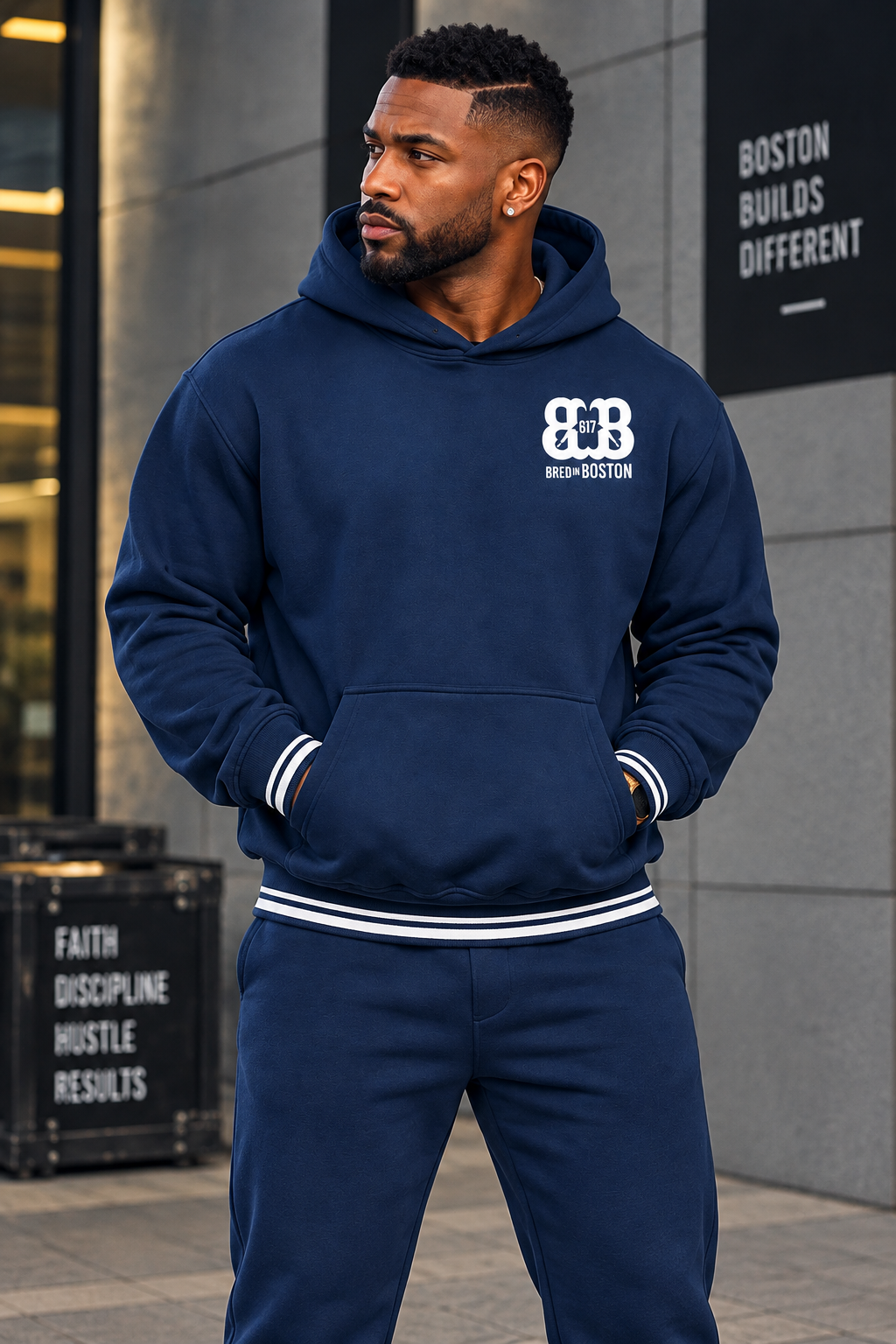 Front-only navy hoodie portrait