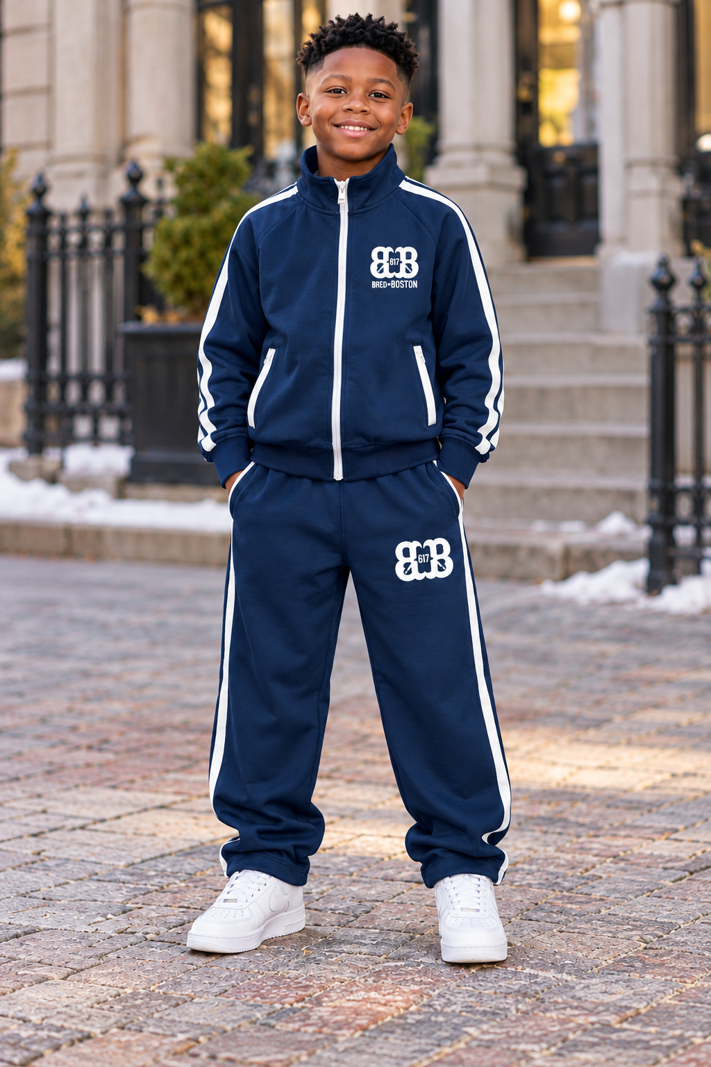 Front-only view of the kids’ Bred in Boston sweatsuit