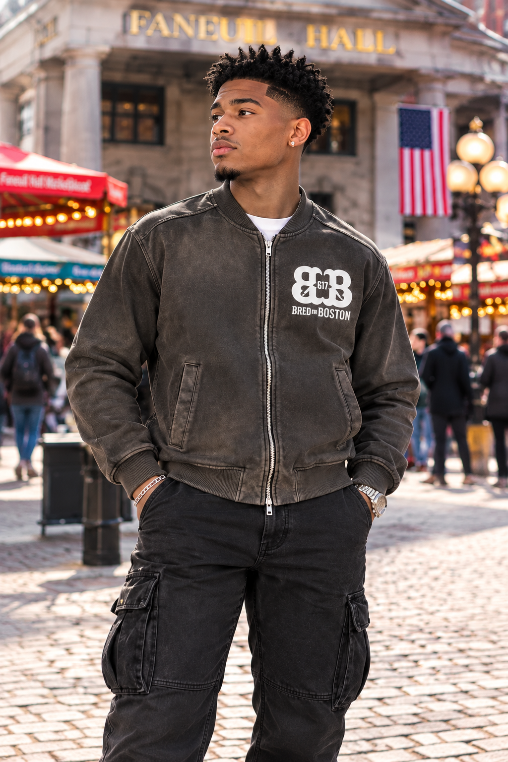 Front-view baseball jacket at Faneuil Hall