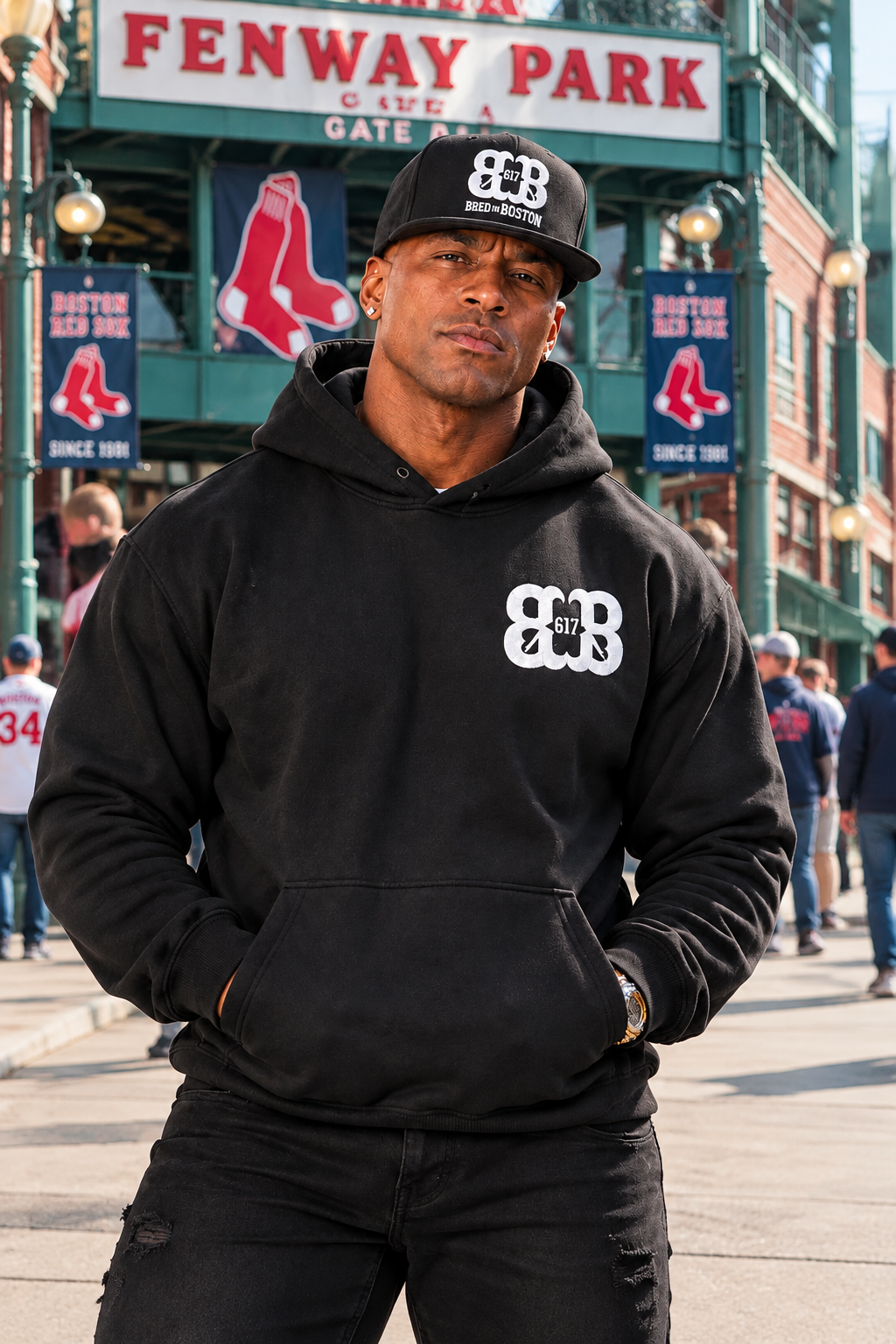 Front-view black hoodie at Fenway Park
