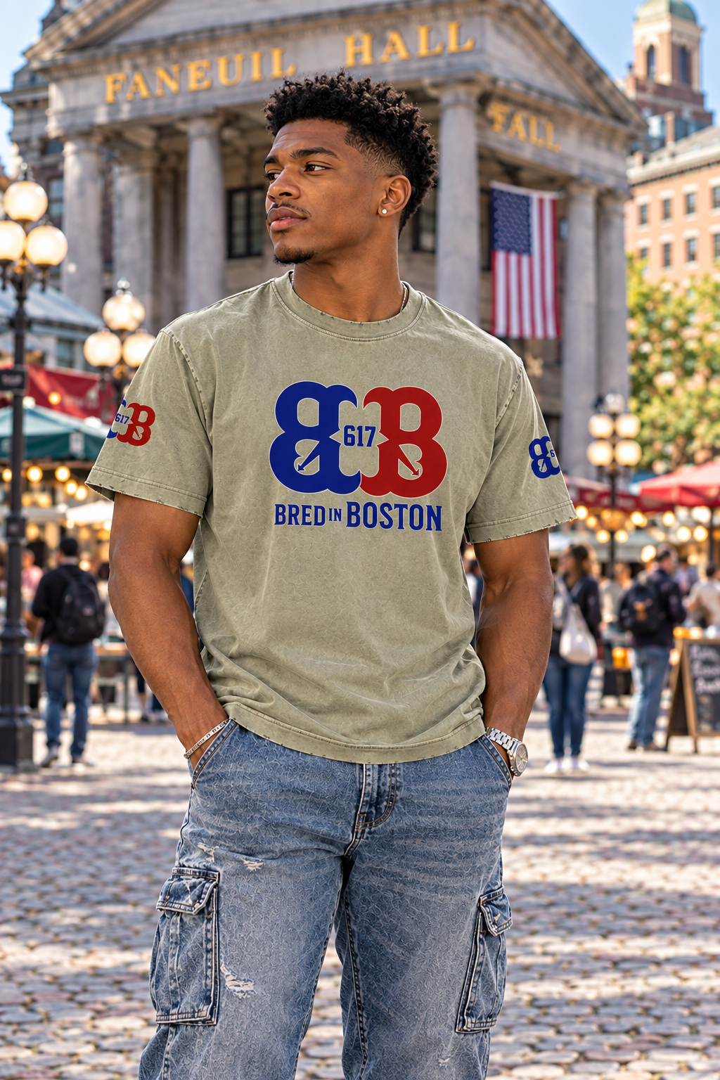 Front-view Bred in Boston T-shirt at Faneuil Hall