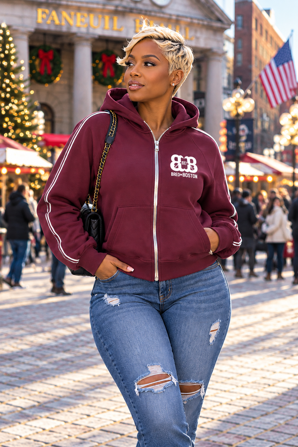 Front-view burgundy hoodie at Faneuil Hall