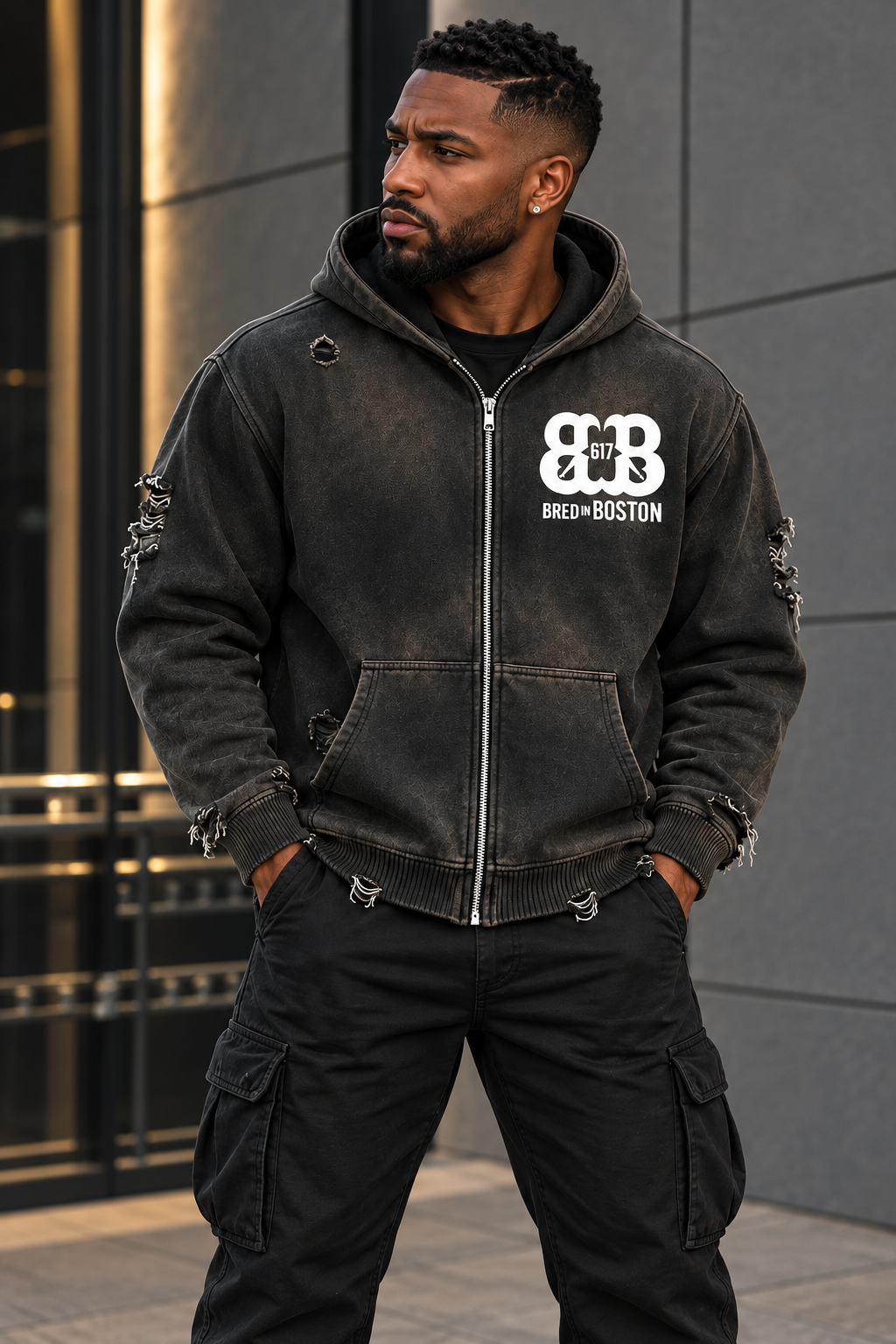 Front-view distressed full-zip sweater