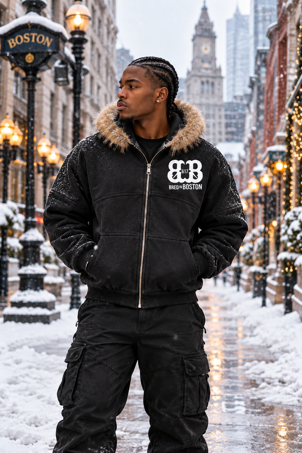 Front-view fur-trimmed hoodie in snowy Boston