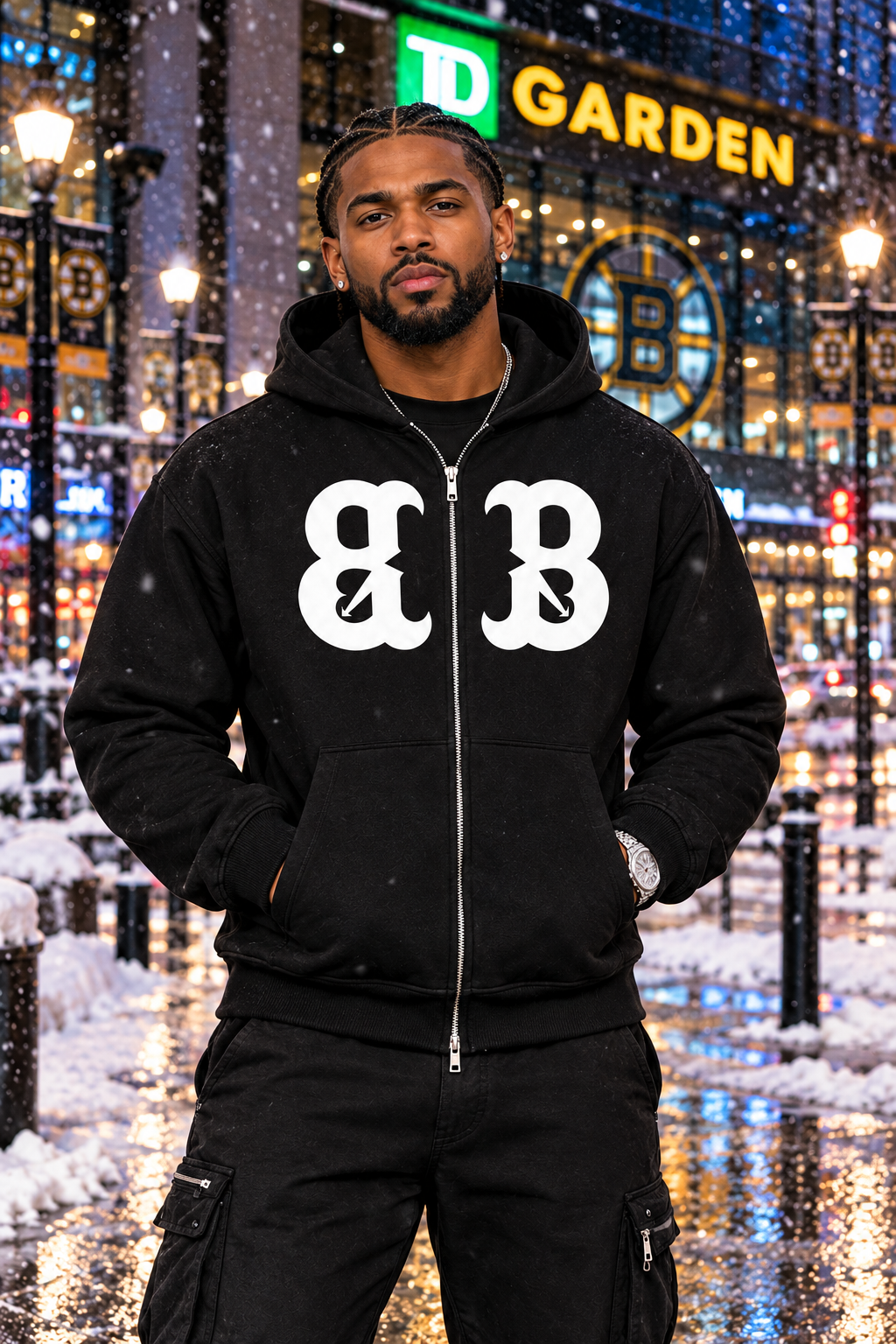 Front-view hoodie at snowy TD Garden