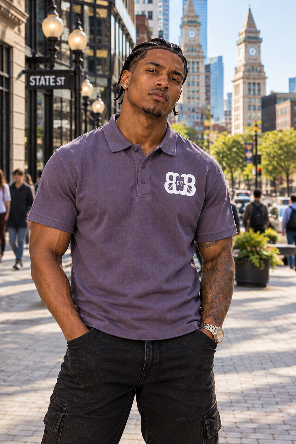Front-view purple polo on Boston’s State Street