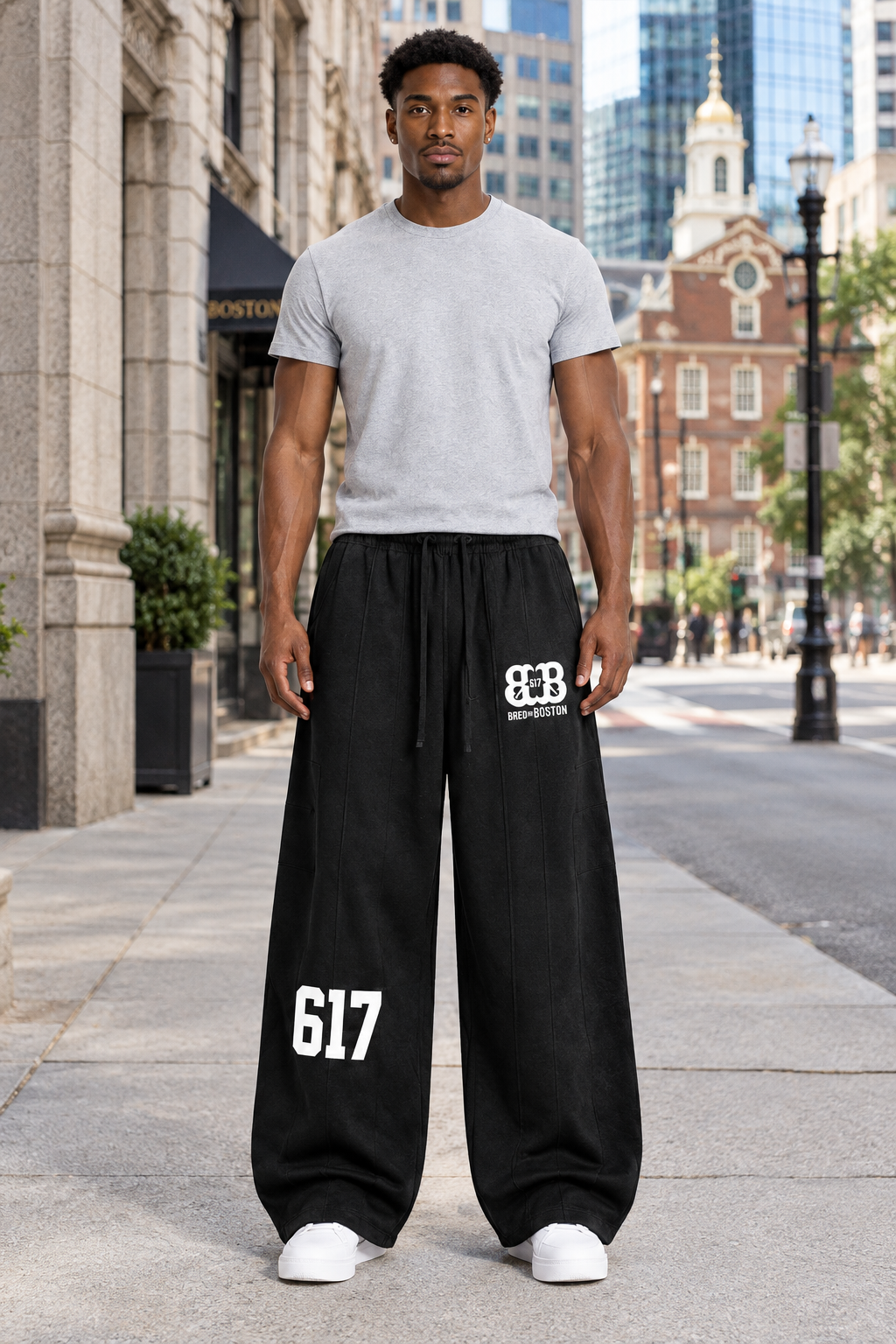 Single front view of the same model in downtown Boston with the 617 graphic and Bred in Boston logo visible